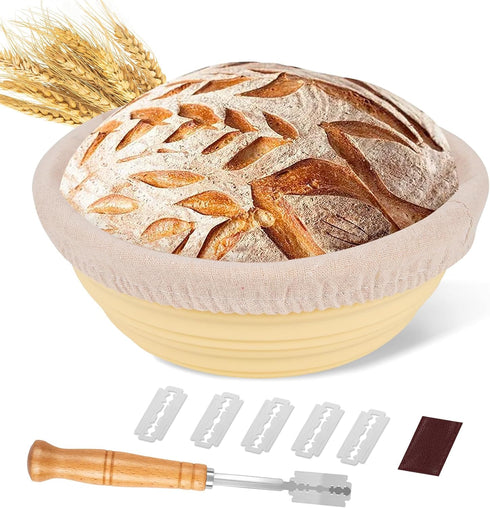 Proofing Basket, JCORJCUS Silicone Banneton Basket Sourdough Starter Kit with 5pcs Sourdough Scoring Tool, 9'' Proofing Bowls Baking Supplies for ...