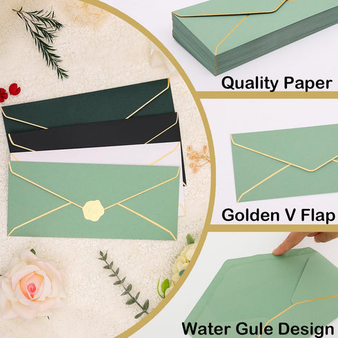 50 pcs Sage Green Business Envelope with V-Flap, Gold Border & Golden Sticker, 10 Self Adhesive Envelopes for Office, Checks, Letter Mailing, Invo...