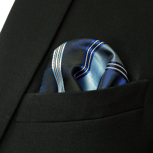 S&W SHLAX&WING Blue Mens Pocket Square Handkerchief Striped for Suit...