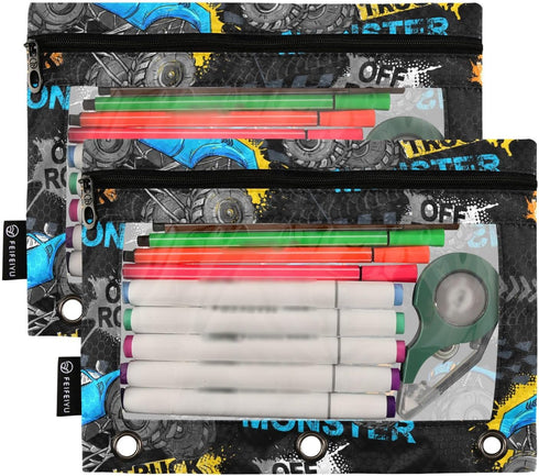 Monster Truck Tires Pencil Pouch for 3 Ring Binder Pencil Bags Binder Pocket with Clear Window & Zipper for Office Supplies Storage 2 Pack...
