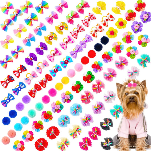 100pcs Dog Hair Bows, Bulk Pet Small Dog Bows Girl with Rubber Bands, Tiny Dog Hair Grooming Bows, Mix Dainty Puppy Dog Bows, Handmade Yorkie Dog ...