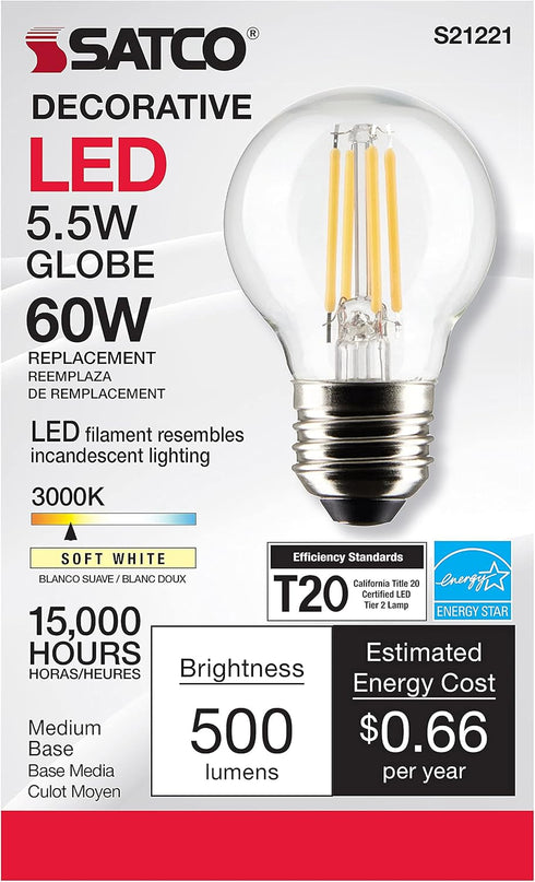 Satco 21221-5.5G16.5/LED/CL/930/120V/E26 G16 Globe LED Light Bulb...