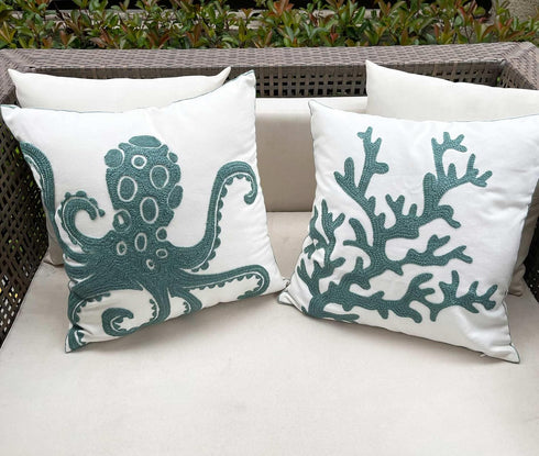 Embroidered Cute Nautical Animal Pillow Cover,Square 18 Inches Decorative Canvas Pillow Cover for Nautical Style Deco by (Seagreen-Coral)...