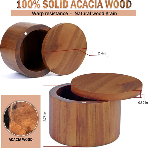 Acacia Salt Cellar 9 Ounces Capacity, Wood Salt & Spice Box With Swivel Cover, Salt Keeper, Wood Jar For Kitchen, Perfect For Keeping Table Salt, ...
