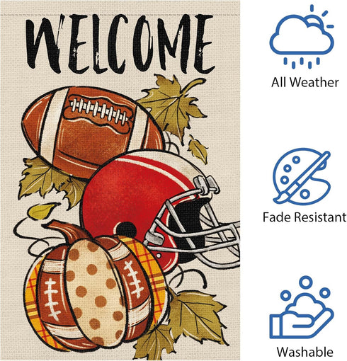 Fall Football Welcome Garden Flag 12 x 18 Inch Vertical Double Sided Burlap, Autunm Pumpkin Sports Game Day Flag for Yard Thanksgiving Holiday Out...