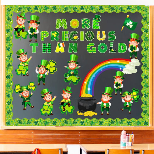 64 Pcs St. Patrick's Day Bulletin Board Decoration St. Patrick's Day Bulletin Board Cutout Lucky Shamrock Bulletin Board Border for Irish Clover C...