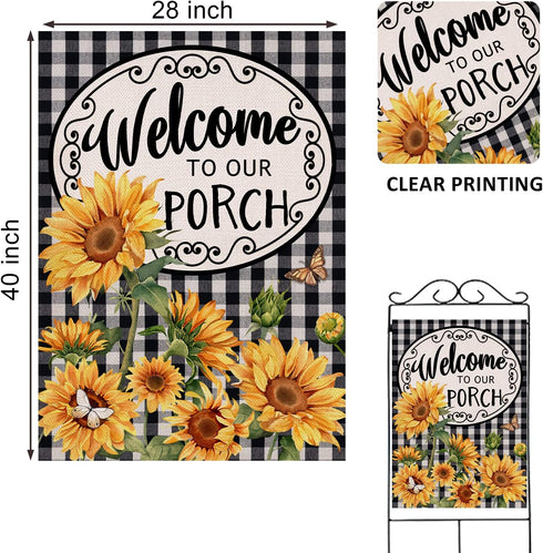 Home Decorative Welcome to Our Porch Spring Summer Sunflower House Flag, Black White Buffalo Plaid Check Yard Outside Decoration, Fall Autumn Farm...