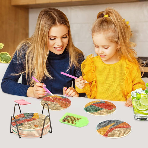 8 Pcs Diamond Painting Coasters Adults Kits with Holder,Sunset Mountain Landscape Diamond Painting Coasters Abstract Drinks Coasters Craft Supplie...