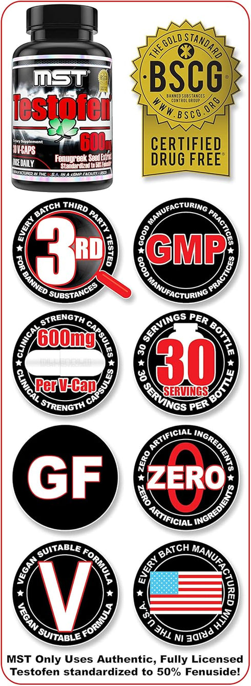 MST Testofen, Fenugreek Seed Extract, Standardized to 50% Fenuside™, 600mg, 30 Count, BSCG Certified Drug Free...