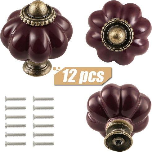 Deep Purple Ceramic Knobs 12 Pack - Pumpkin Cabinet Knobs Retro Dresser Knobs - Vintage Drawer Pulls with Screws for Closet Drawer Cupboard Cabine...