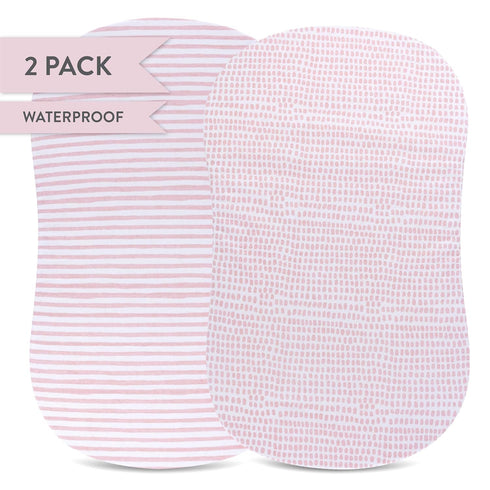 Ely's & Co. Patent Pending Waterproof Bassinet Sheet, No Need for Bassinet Mattress Pad Cover, 2 Pack Mauve Pink Splash & Stripes,for Baby Girl 32...