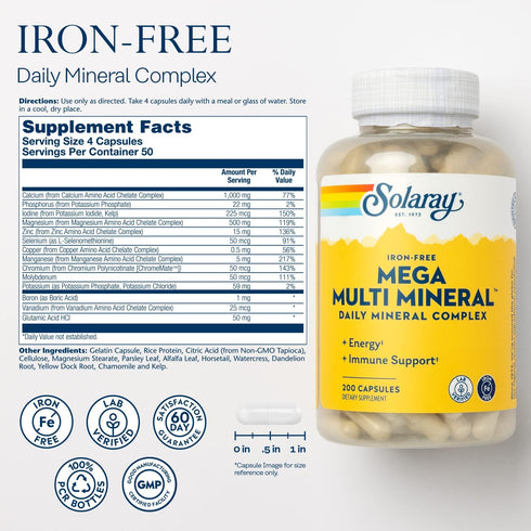 Solaray Mega Multi Mineral No Iron, Vitamin Capsules (076280045147) (200 Capsules, 50 Servings)...