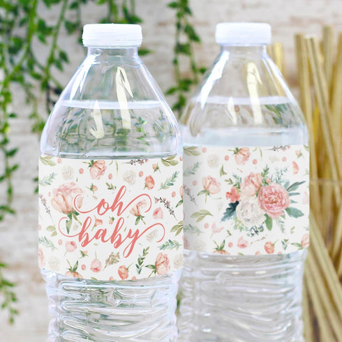 Baby in Bloom Baby Shower Water Bottle Labels, 20 Waterproof Stickers for Pink Floral Boho Girl Baby Shower...