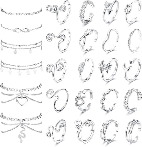 ORAZIO Toe Rings and Ankle Bracelets for Women Silver Rose Gold Plated Anklet Toe Rings Cute Layered Anklets Open Tail Rings Adjustable Beach Foot...