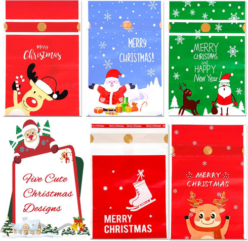DLY 50 Pcs Christmas Candy Bag Christmas Treat Bags Candy Goodies Plastic Drawstring Gift Bags Merry Christmas Treat Bags for Birthday Party Snack...