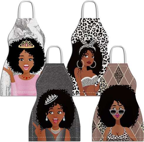 4 Pcs African Women Aprons Waterproof African American Queen Aprons Adjustable Black Women Girl Aprons Kitchen Chef Aprons for Baking Grilling Gar...