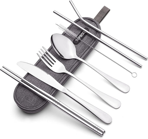 Portable Stainless Steel Flatware Set, Travel Camping Cutlery Set, Portable Utensil Travel Silverware Dinnerware Set with a Waterproof Case (Silve...