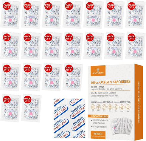 SYMYNELEC 400cc Oxygen Absorbers for Food Storage, 100 Count (20x Packs of 5), O2 Absorber for Long Term Food Storage & Survival Vacuum Mylar Bags...