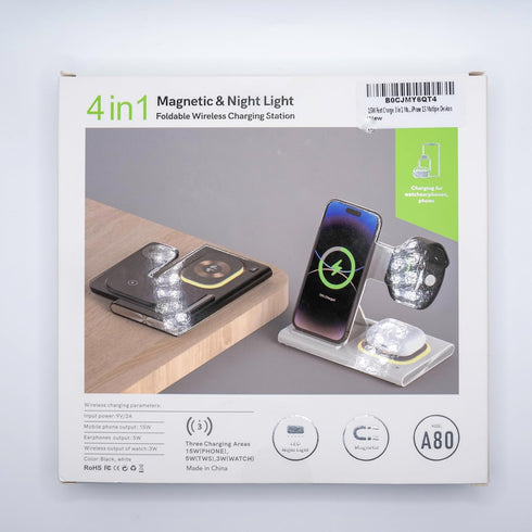 15W Fast Charge 3 in 1 Magnetic Wireless Travel Foldable Charging Station with Light for iPhone 15 Multiple Devices...