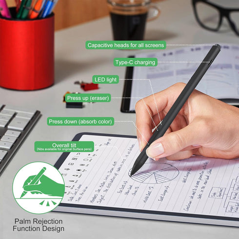 Stylus Pen for Microsoft Surface - 75 Day Battery Life+4096 Tilt Pressure+Touchscreen Pen Cap, Work for Surface Pro 9/8/7/6/5/4/3/X,Surface Go 3/B...