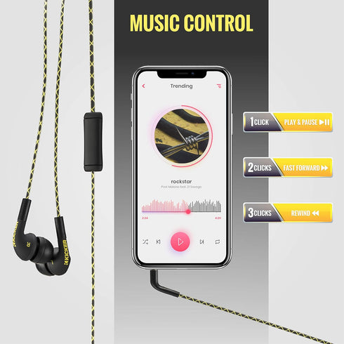 KICKER 46EB74 Wired Earbuds | in-Ear Noise-Isolating Earphones Stereo Monitor Headphones Silicone Ear Tips 3 Sizes | in-Line Mic and Multi-Functio...