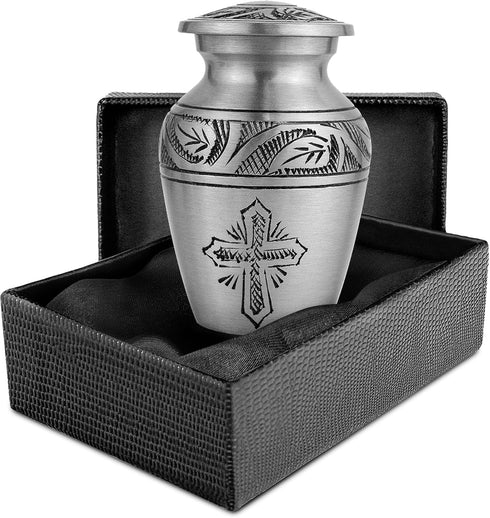 Trupoint Memorials Small Urns for Human Ashes Keepsake, Religious Decorative Mini Cremation Urn for Adult Men and Women, Silver Cross...