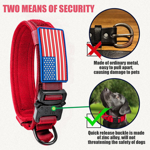 Tactical Dog Collar Military Dog Collar Adjustable Nylon Dog Collar Heavy Duty Metal Buckle with Handle for Dog Training,with Patches (Red, M)...