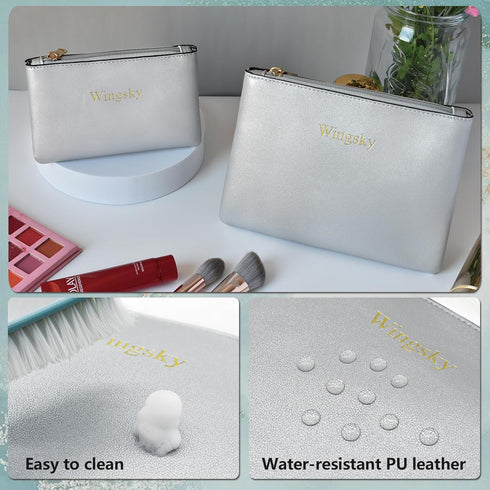 2 Pack Makeup Bag for Purse, Vegan Leather, Travel Makeup Pouch Cosmetic Bag Zipper Pouch Bags,Travel Toiletry Bags for Women (A Silver, 9x7 inch)...