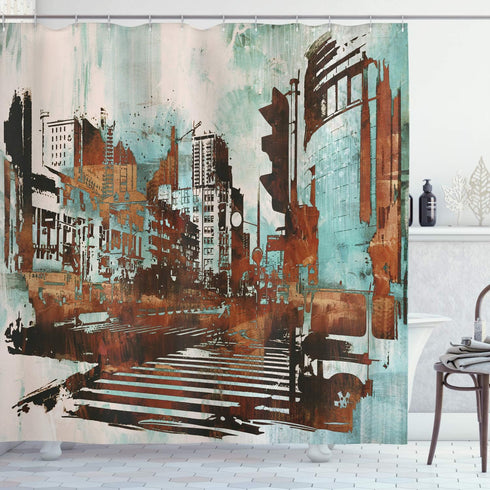 Ambesonne Grunge Shower Curtain, Urban Cityscape Contemporary Abstract Acrylic Paint Style Brush Strokes, Cloth Fabric Bathroom Decor Set with Hoo...