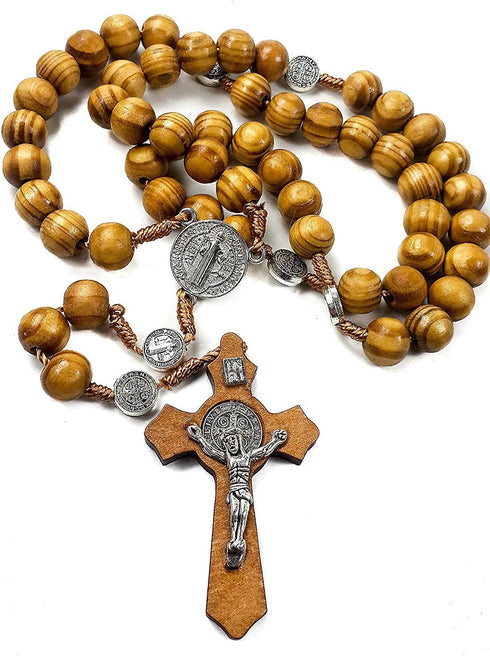 Nazareth Store Wood Beads Rosary Necklace Saint Benedict Medal & Catholic Cross Religious Prayer Chaplet String Handmade - Velvet Bag...
