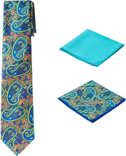 Men's Woven Paisley Regular Length Neck Tie with 2 Handkerchief Pocket Squares Hanky Set - Tan Dark Plum Teal...