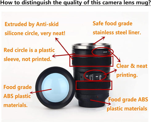 Camera Lens Coffee Mugs,Stainless Steel Lens Cups with Four Leaf Clover Spoon,Novelty Christmas Gifts for Photographers Sweeties Dad Men Women Pho...