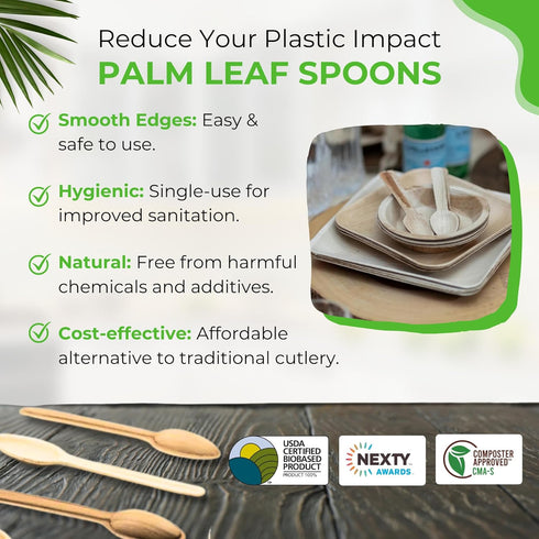 Palm Leaf Spoons 6 Inches (50 Count) | Bamboo Spoons like Natural Eco-friendly Compostable Disposable Cutlery Alternative to Plastic Spoons for We...