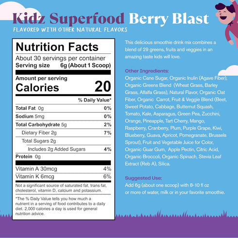 Amazing Grass Kidz Superfood: Organic Greens, Fruits, Veggies, Beet Root Powder & Probiotics for Healthy Kids, Berry Blast, 30 Servings...