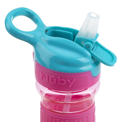 Nuby Thirsty Kids Push Button Flip-it Soft Spout on The Go Water Bottle with Easy Grip Band, Pink Rainbows, 12 Ounce...