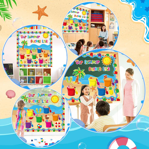 57 Pcs Summer Bulletin Board Decorations Set Our Summer Bucket List Classroom Decor Hawaii Sun Beach Bucket Paper Cutouts with Borders for Home Sc...
