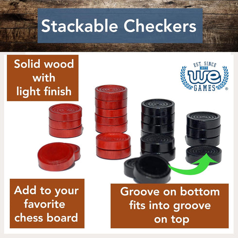 WE Games Checkers Pieces Only, Wooden Checker Board Game Pieces, 24 Black and Red Stackable Player Pieces with a Drawstring Storage Bag, 2 Inch Di...