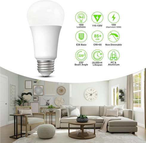 LED Light Bulbs Daylight 15W: 1600Lm 100W Equivalent LED Bulbs E26 Edison Screw Base Super Bright 5000K LED Bulb A19 15W Light Bulbs for Indoor Ou...