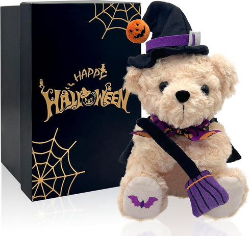 Halloween Plush Bear - Halloween Pumpkin Witch Stuffed Animal Teddy Bear with Broomstick & Hat, Halloween Party Decorations Gifts for Boys & Girls...