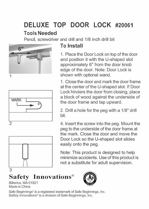 Safety Innovations Child Proof Deluxe Door Top Lock for 1 3/8 inch Thick Interior Doors, (1-Pack)...