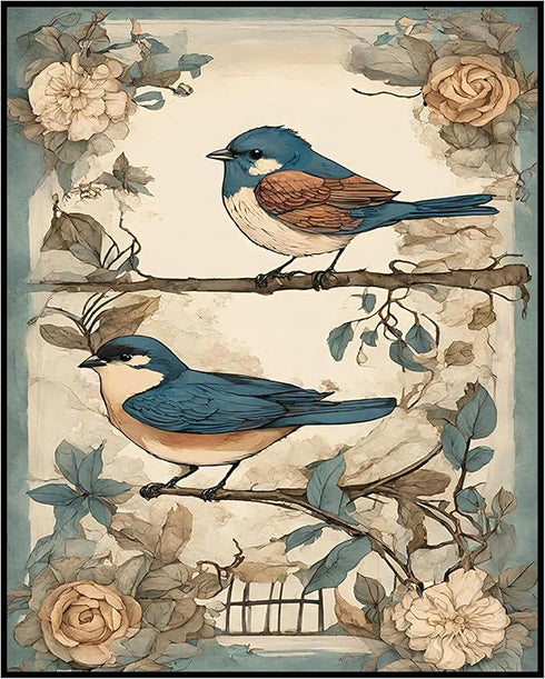 Posterizer 1 pcs- Two blue birds with wild flowers arround them-Art for Animal Lovers-Floral Botanical Art- Gift for Men Women Teens-Decor for Ho...