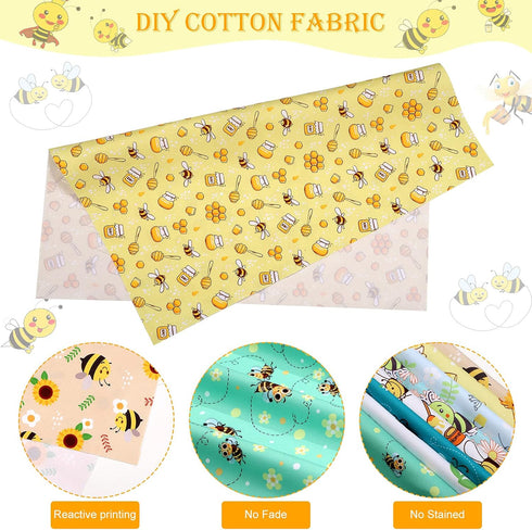8 Pieces Bee Fabric Honey Bee Pattern Fabric Fat Quarters Bee Theme Quilting Fabric Bees Flower Printed Craft Fabric Bundles for DIY Sewing Quilti...