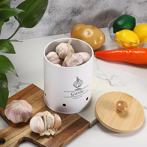 OwnMy White Garlic Keeper with Wooden Lid, Metal Garlic Storage Container for Counter, Large Garlic Keeper Garlic Saver Garlic Container for Kitch...