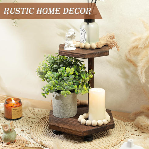 Tikea Hexagonal Wood Riser for Display, 2-Tier Rustic Wood Pedestal Stand for Kitchen Bathroom Counter Decor, Decorative Tray for Soap Dispenser, ...