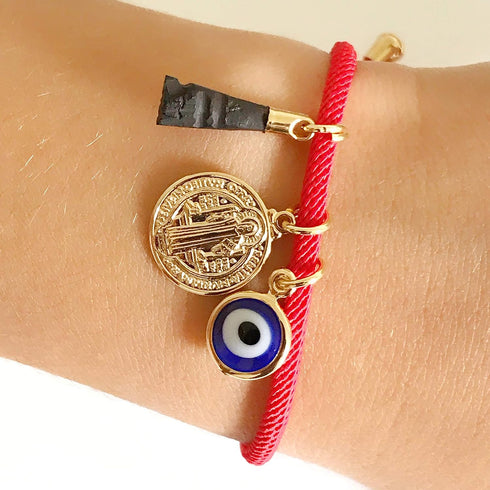18K Gold Plated Saint Benedict Red String Bracelet Adjustable Charm Evil Eye & Dainty Genuine Azabache Hand...