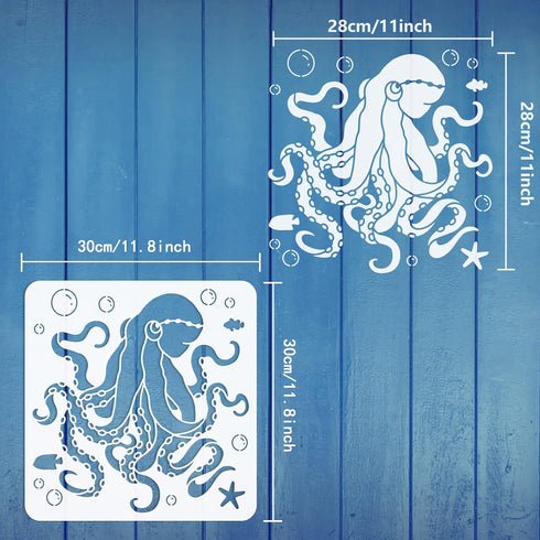 FINGERINSPIRE Octopus Pattern Stencil for Painting 11.8x11.8 inch Reusable Sea Creatures Craft Stencil Hollow Out Ocean Starfish Sea Fish Bubbles ...