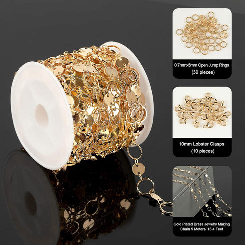 YOUBEIYEE 16 Feet/5M KC Gold Plated Jewelry Chains Cable Circle Link Chain with Sequins Women Necklace Chains Bulk for Jewelry Making with Lobster...