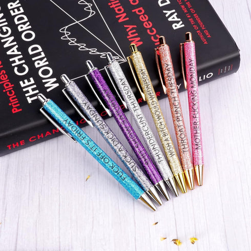 Jxueych 7 Pcs Funny Ballpoint Pen Set Gift for Coworker, Days of The Week Daily Glitter Pen, Black Ink Medium Point 1.0 Mm Smooth Writing...