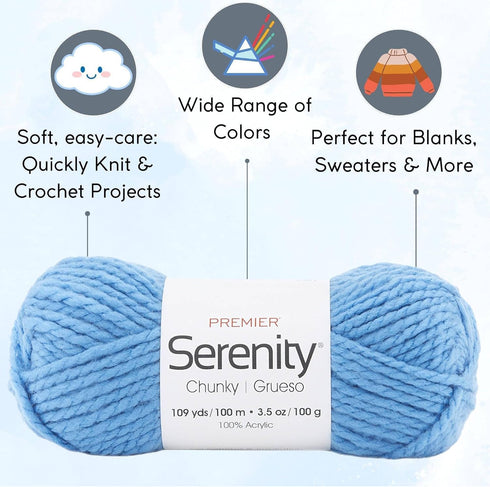 Premier Yarns Serenity Chunky Solid Blue Sky 700-46 (3-Skeins - Same Dye Lot) Chunky Bulky #5 Acrylic Yarn for Crocheting and Knitting - Bundle wi...