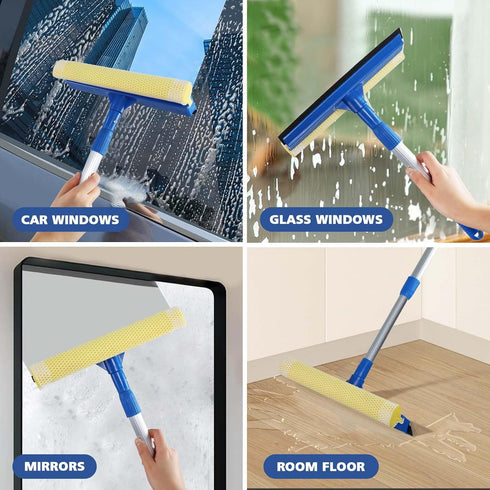 Professional Window Squeegee,2 in 1 Squeegee Window Cleaner with Long Stainless Steel Handle,Sponge Car Window Squeegee for Gas Station, Glass,Sho...